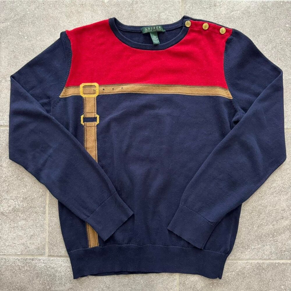 Lauren Ralph Lauren Belt Graphic Sweater L Navy Red Gold Preppy Equestrian